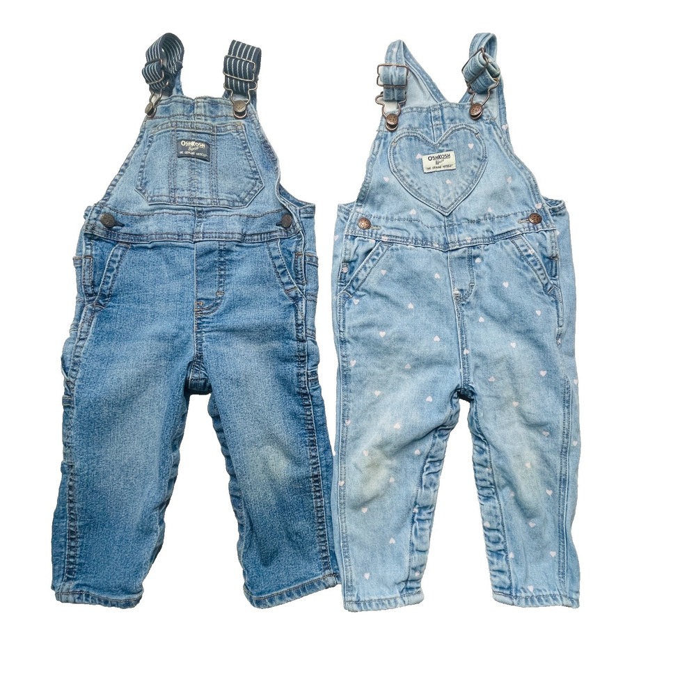 OshKosh Bgosh Baby Overalls Lot 2 Pairs Size 18M Blue Denim Heart Classic